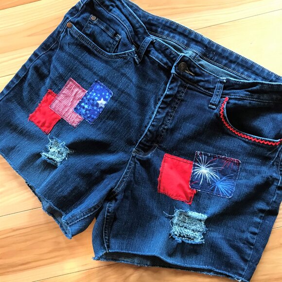 Upcycled Ripped Denim Cutoff Jean Shorts, Fireworks Patriotic Patchwork, Size 16 - Picture 11 of 13